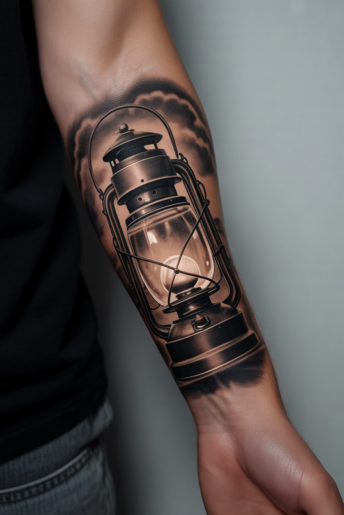 Black and Grey Realistic Storm Lantern Tattoo