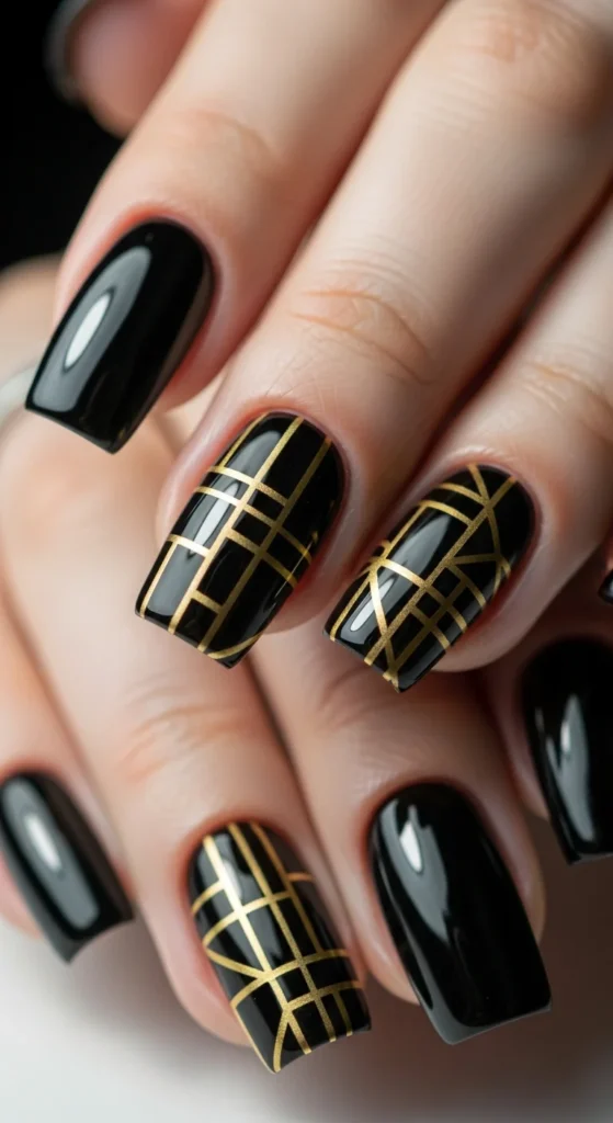 Black gold geometric birthday nails