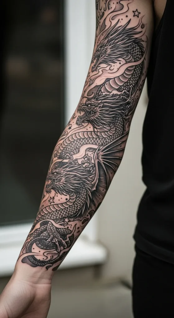 Black grey dragon sleeve tattoo