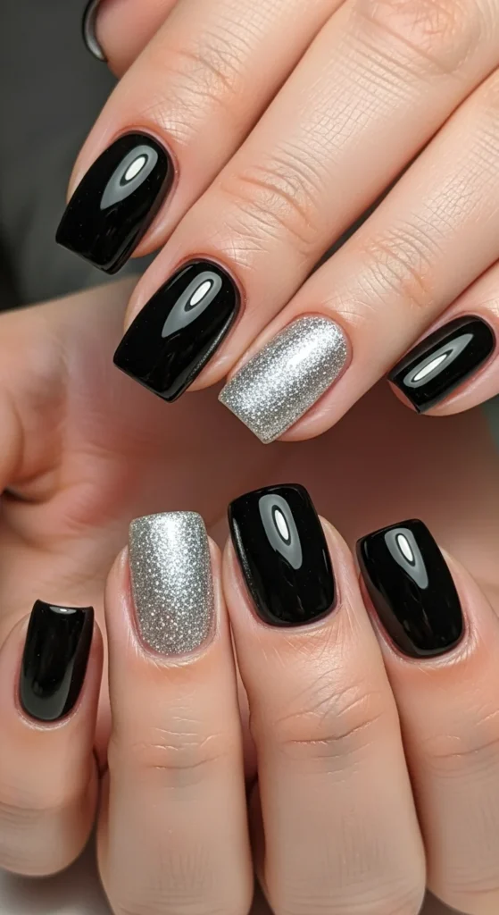 Black nails silver glitter