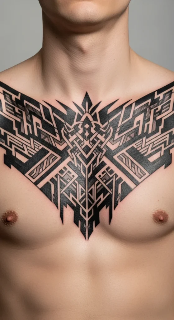 Blackwork geometric chest tattoo