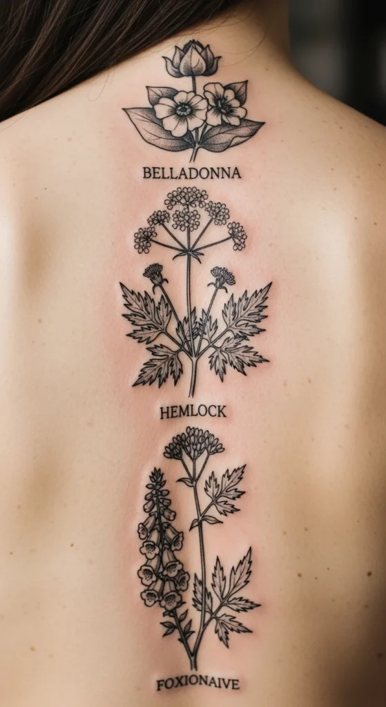 Botanical gothic spine tattoo