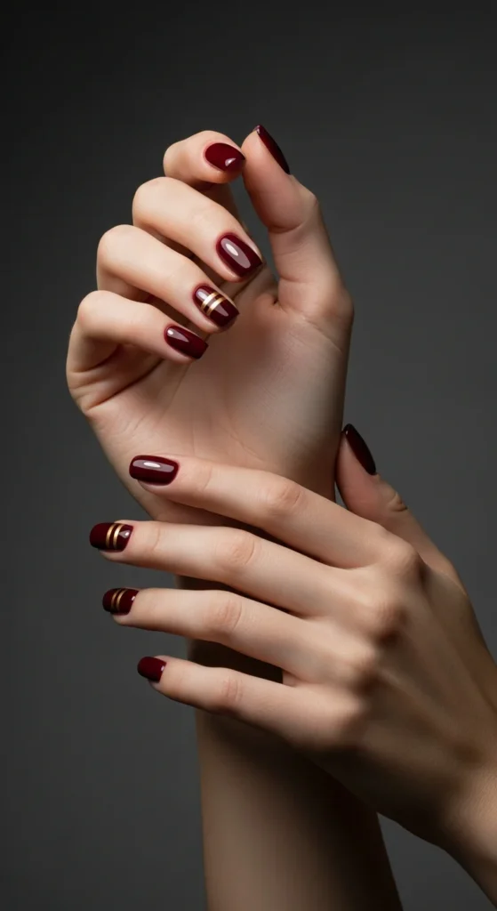 Burgundy gold birthday manicure