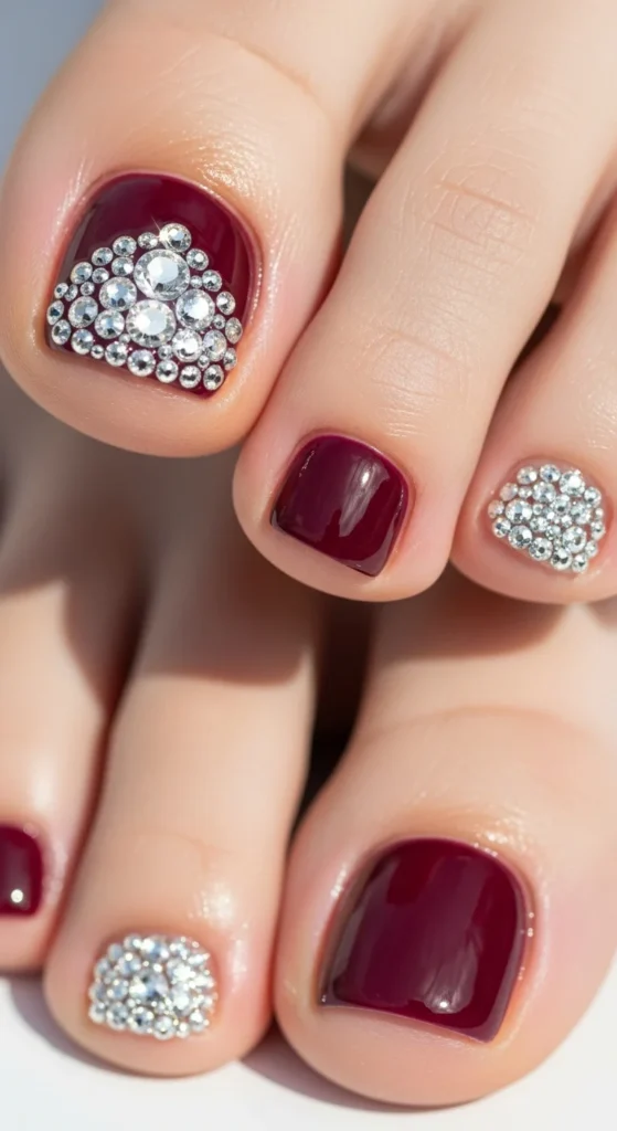 Burgundy rhinestone toe nails