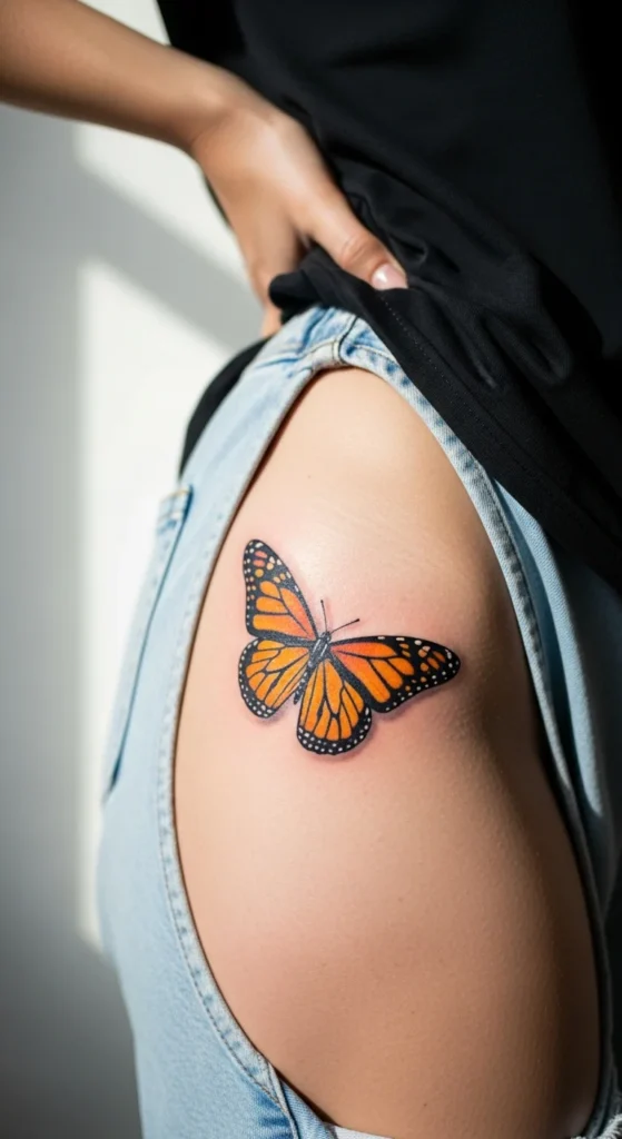 Butterfly lower hip tattoo