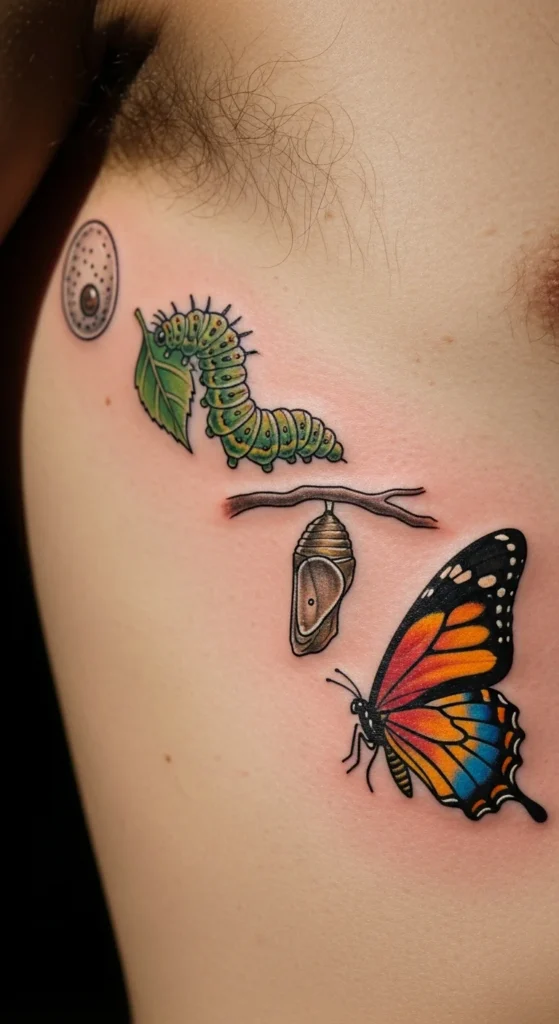 Butterfly transformation chest tattoo