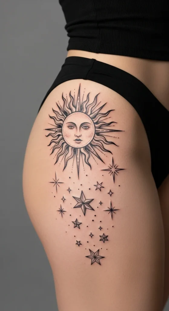 Celestial hip tattoo inspiration