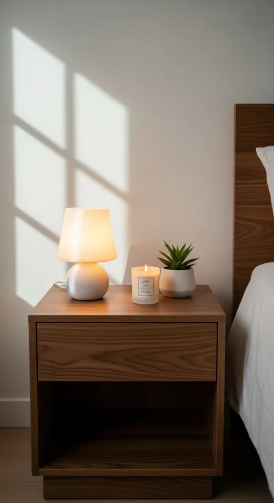 Compact nightstand warm wood bedroom