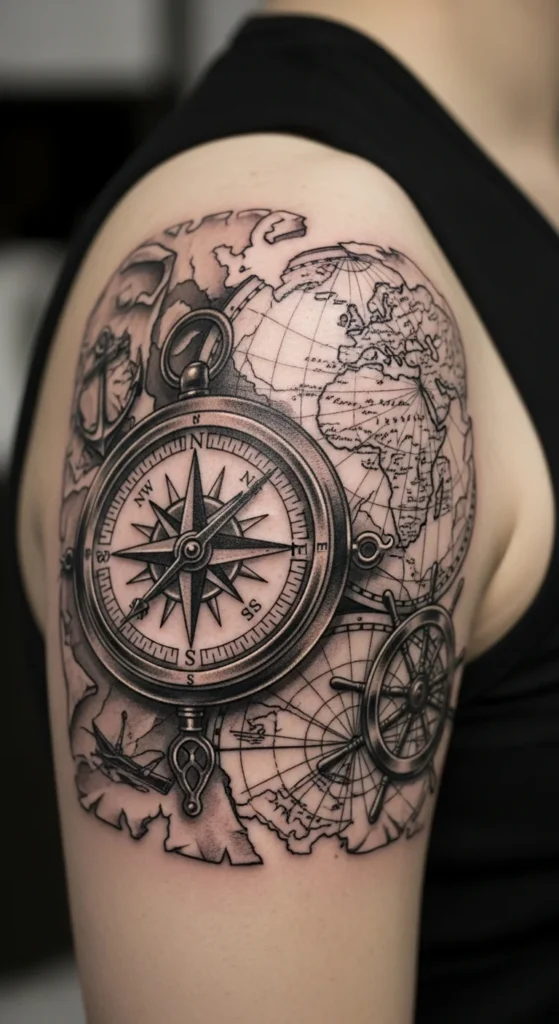 Compass map shoulder tattoo