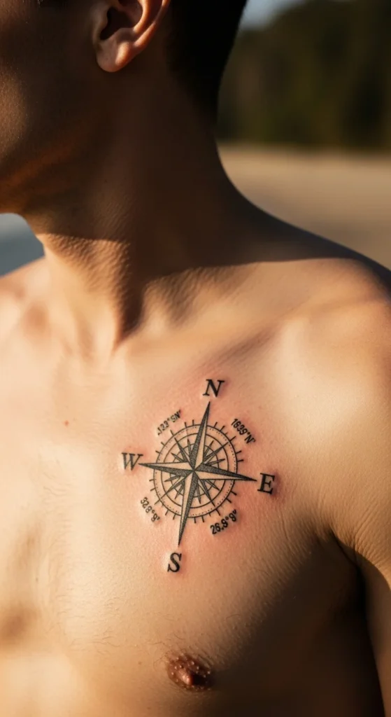 Compass rose chest tattoo
