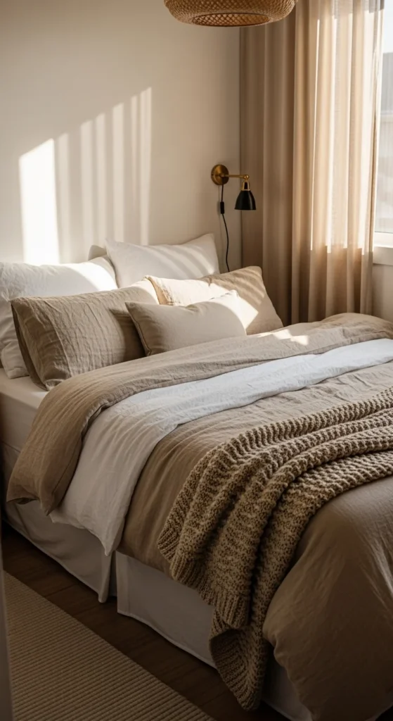 Cozy layered neutral bedding ideas