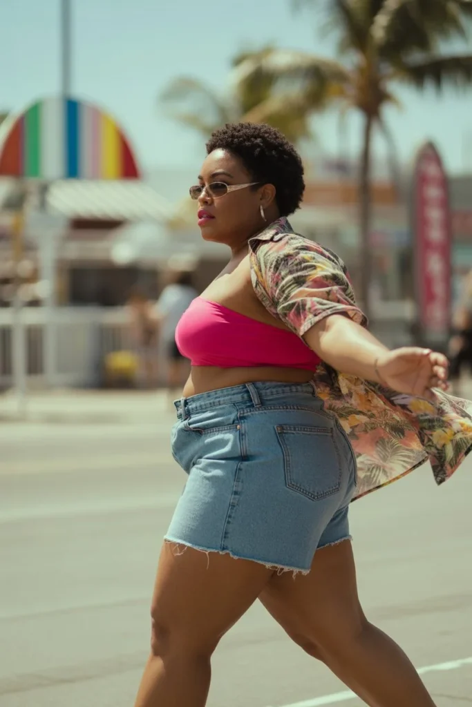 Denim tropical beach outfit