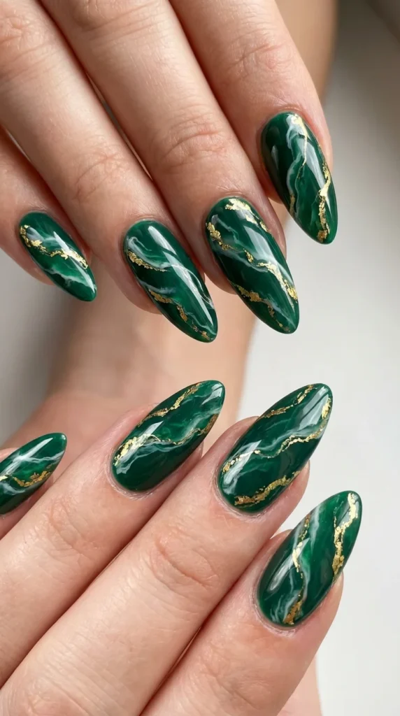 Emerald marble gel nails