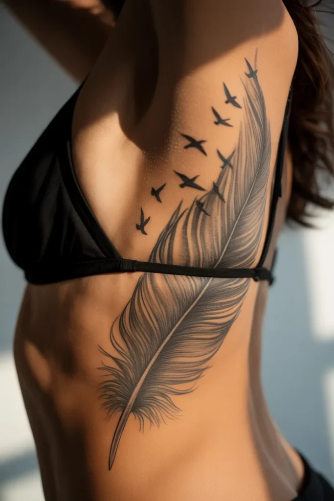 Feather birds side tattoo
