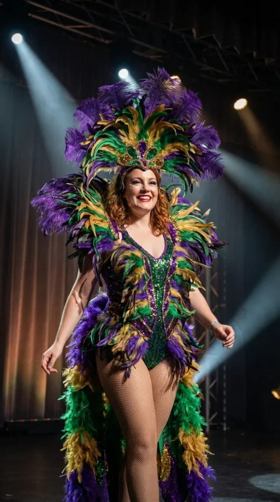 Feathered showgirl Mardi Gras bodysuit