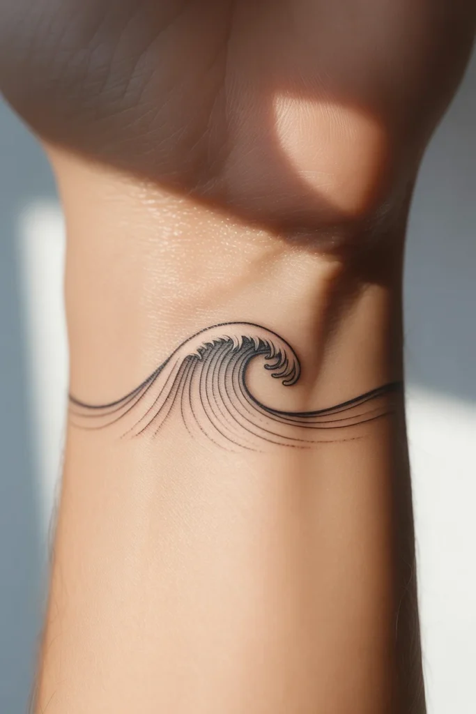 Fine line wave wrist tattoo