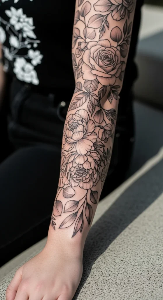 Floral botanical sleeve tattoo