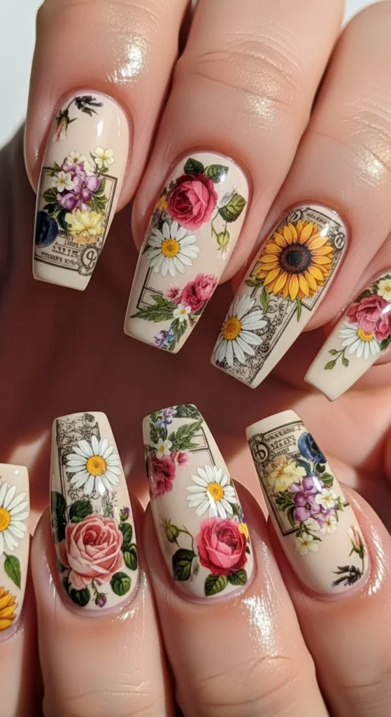 Floral collage hippie nails