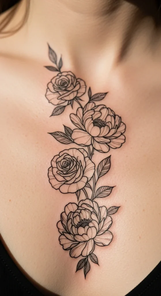 Floral sternum tattoo design