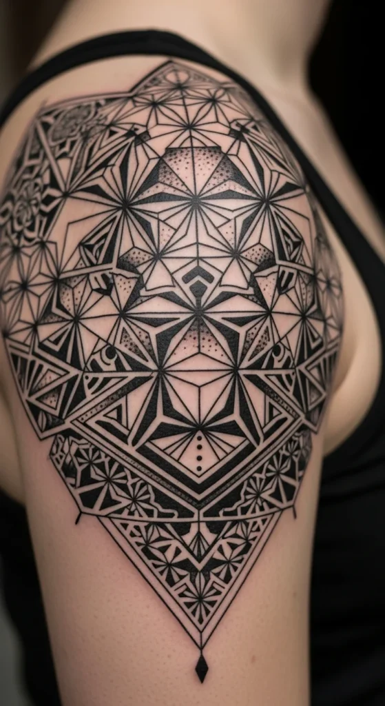Geometric blackwork shoulder tattoo