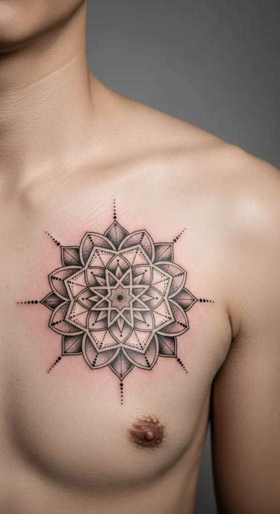 Geometric mandala chest tattoo