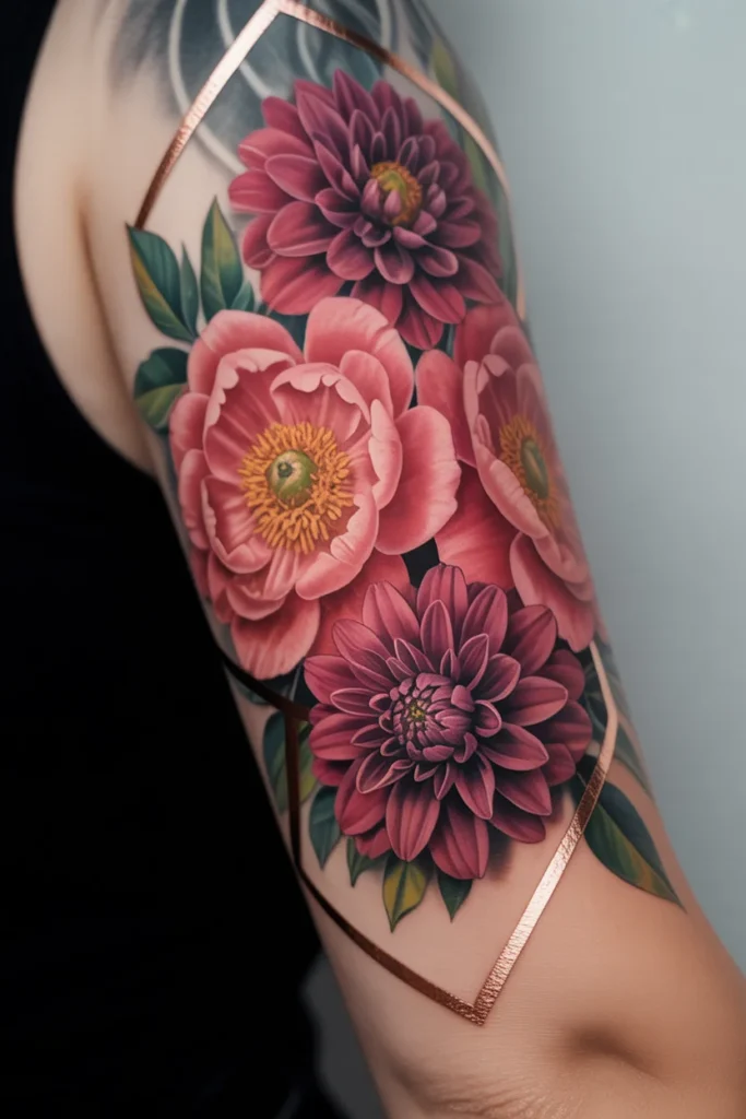 Geometric neotraditional flowers tattoo