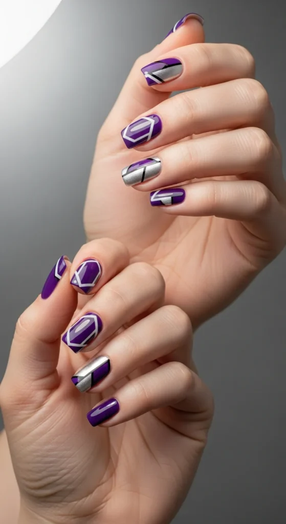 Geometric purple silver nails