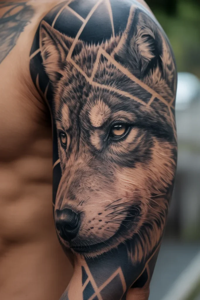 Geometric wolf sleeve tattoo
