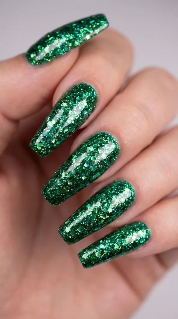 Glitter green press-on nails