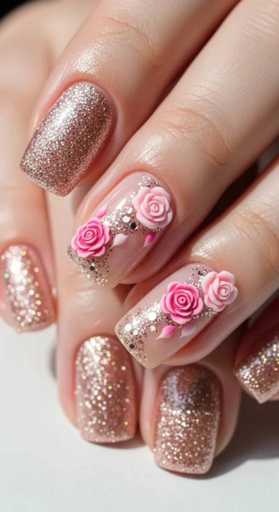 Glitter pink rose nail design