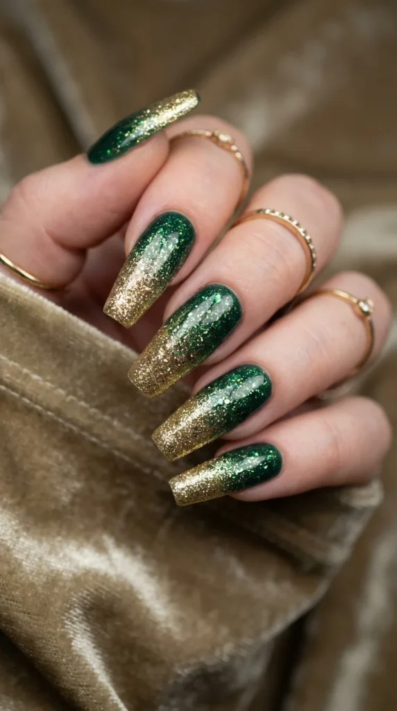 Gold green glitter ombré nails