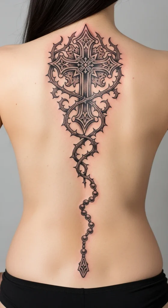 Gothic cross spine tattoo