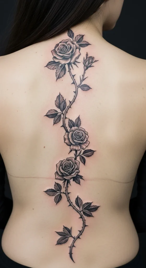 Gothic rose spine tattoo