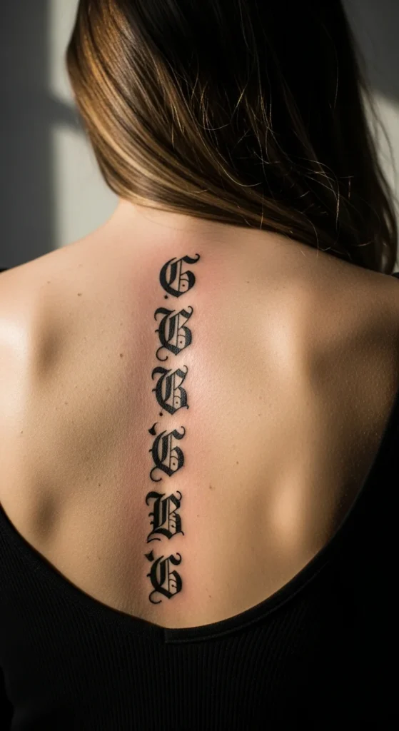 Gothic script spine tattoo