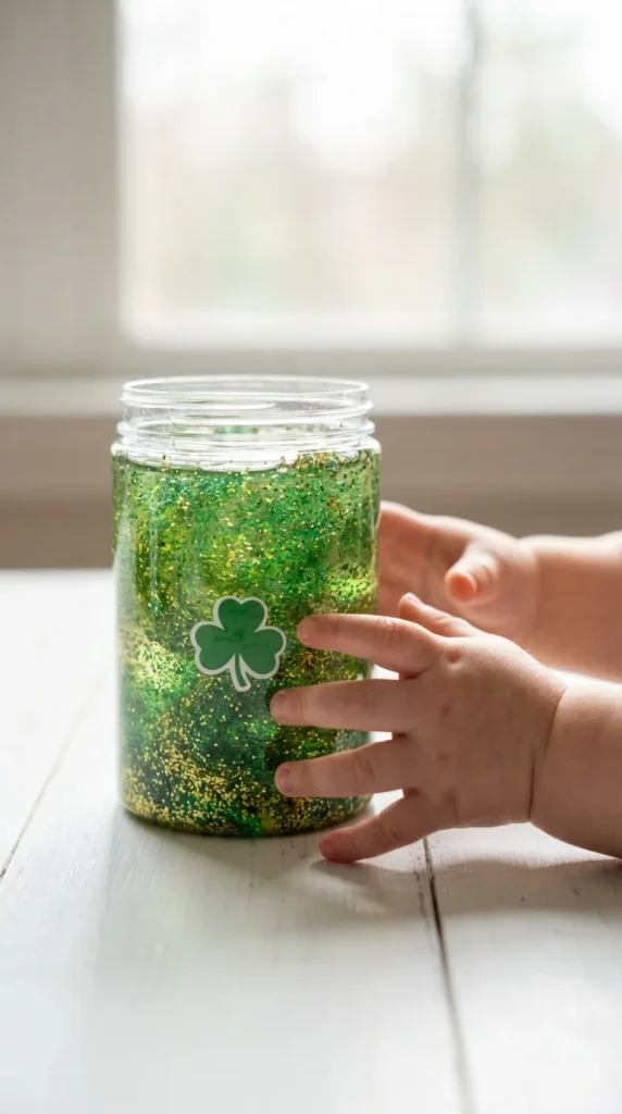 Green glitter sensory jar St. Patrick's Day toddler craft