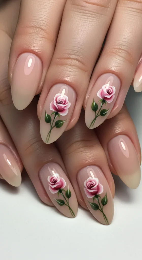 Hand-painted blush rose nails
