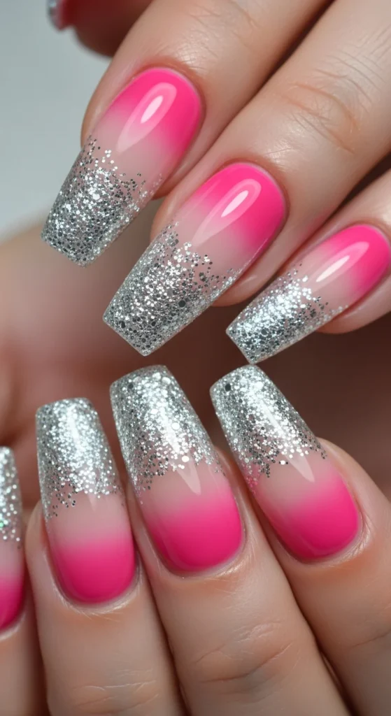 Hot pink glitter nails