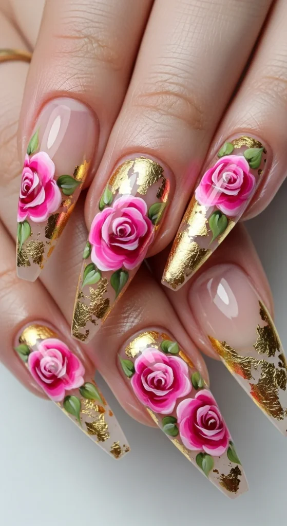 Hot pink rose gold accent nails