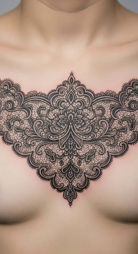 Lace under chest tattoo