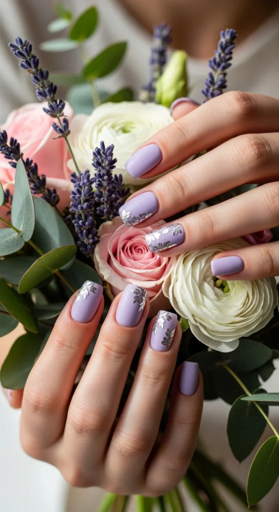 Lavender silver floral nails