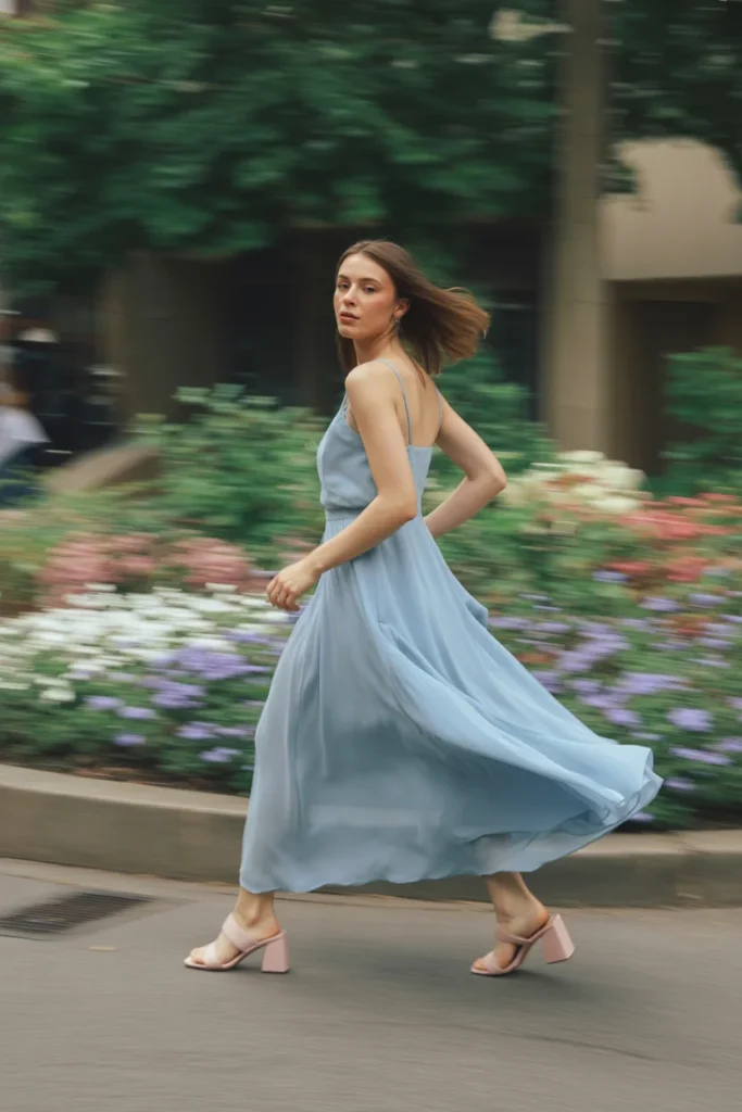 Light blue bridesmaid outfit garden wedding