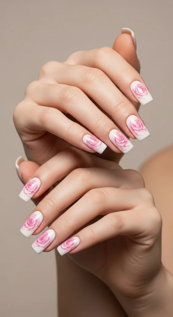 Light pink roses white nails