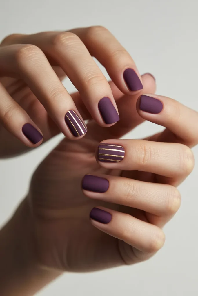 Matte purple gold stripe nails