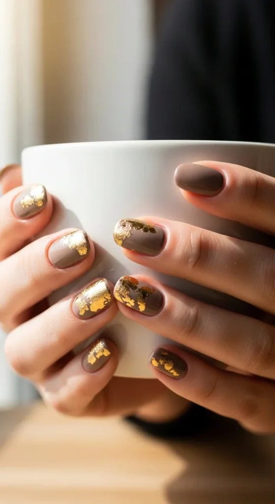 Matte taupe gold leaf nails