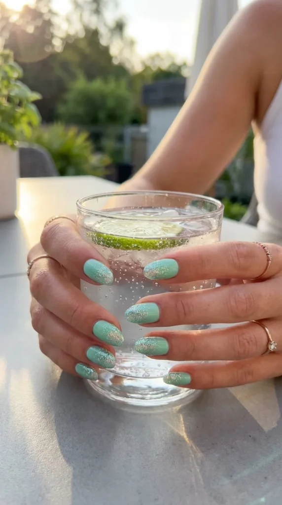 Mint green glitter ombré nails