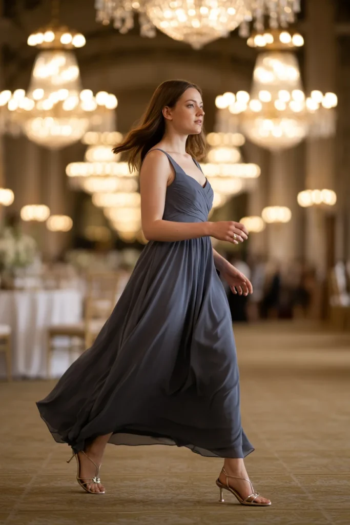 Navy bridesmaid dress gold accessories