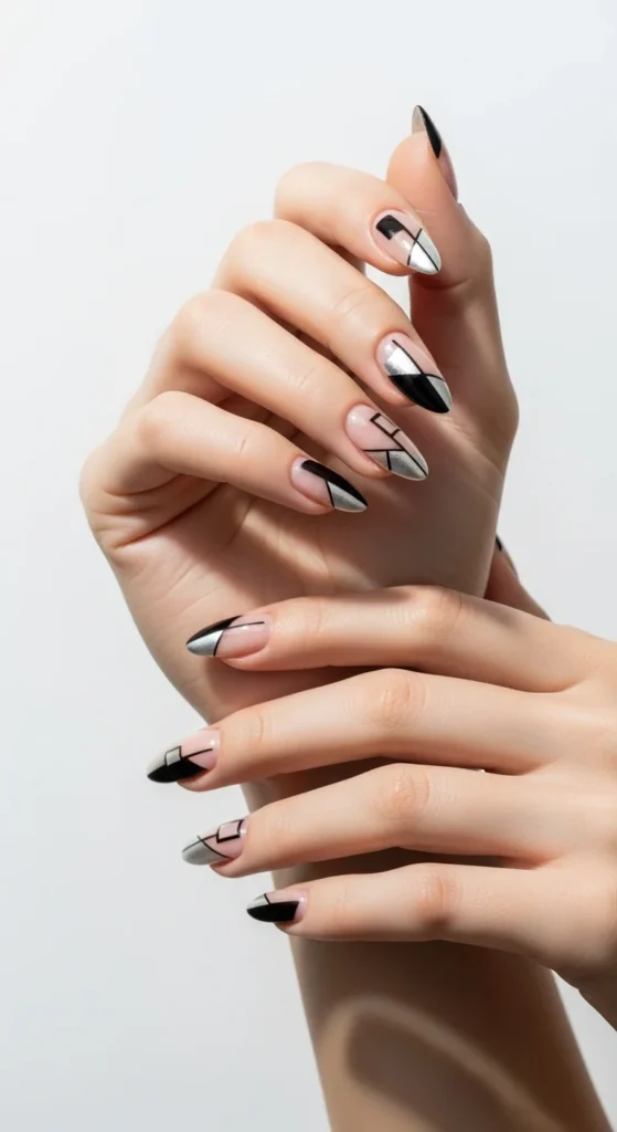 Negative space silver black nails
