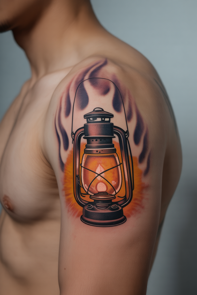 Neo-Traditional Glowing Lantern Tattoo