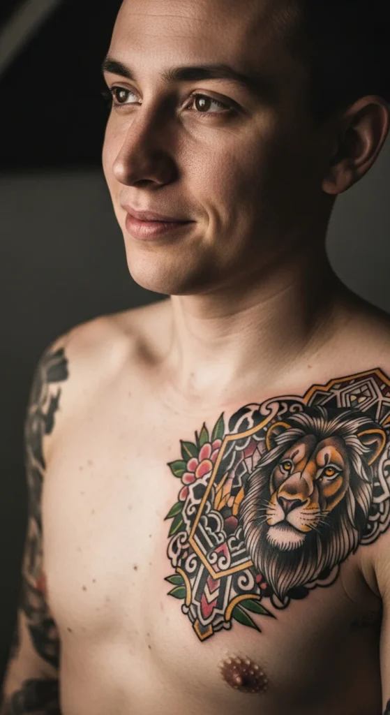 Neo-traditional lion chest tattoo