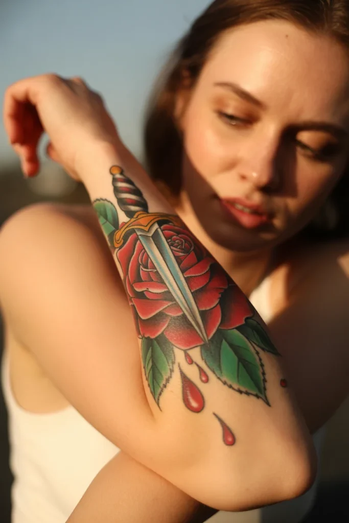 Neotraditional dagger rose tattoo